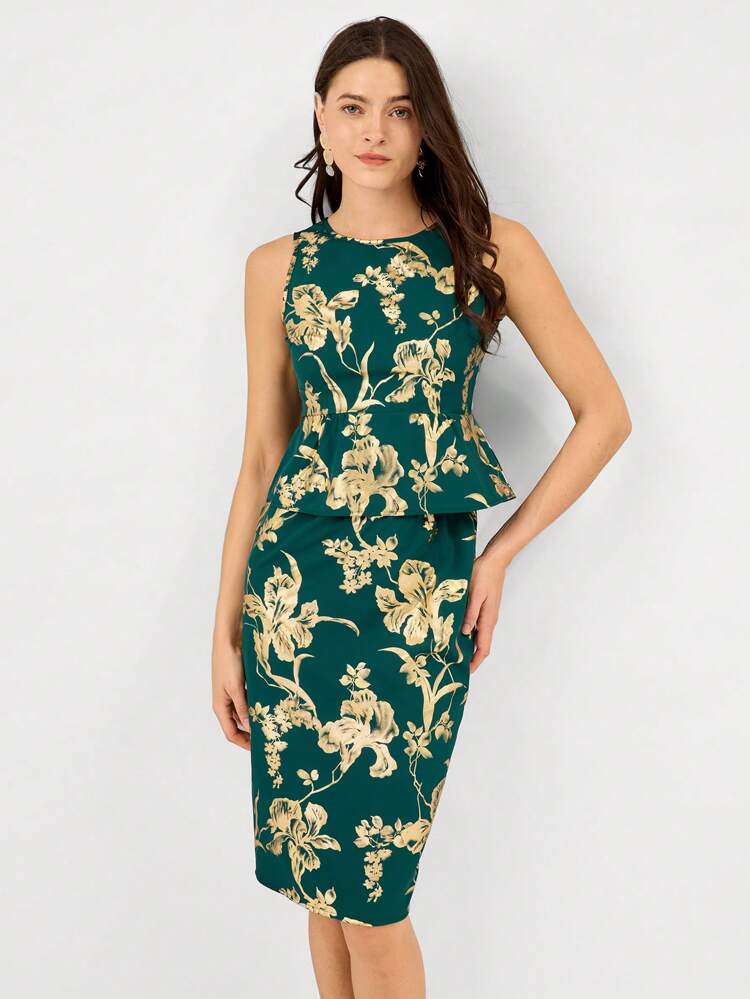 2pcs Women Holiday Floral Metallic Print Sleeveless Top And Skirt Elegant Set