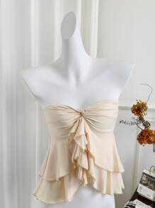 Elamini 百搭荷叶边下摆扭结短款背心 - 杏色 - 查看 3
