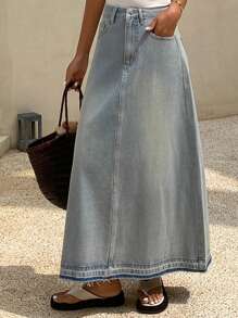 DAZY 女士浅色口袋设计休闲百搭长款牛仔裙 - 淺藍色 - 查看 2