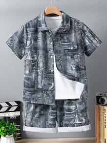 SHEIN Vacaura 2 件男士休闲时尚百搭仿牛仔数码印花衬衫和短裤套装，适合春夏季日常穿着和外出
