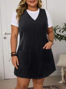EMERY ROSE Plus Size Summer Casual Sleeveless Denim Dress - Dark Grey - View 1