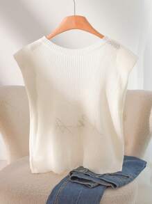 CosyJoli Plus Size Casual V-Neck Letter Embroidered Sleeveless T-Shirt Knit Sweater - White - View 2
