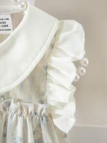 Elladie kids 女婴优雅可爱刺绣彼得潘领荷叶边下摆背心和短裤套装，适合日常外出、度假、公园玩耍、夏季 - 杏色 - 查看 6