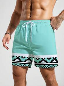 Manfinity Men's Geometric Print Drawstring Waist Pocket Beach Shorts, Hawaiian Men Beach Clothes Beach Wear For Men - Mint Blue - View 4