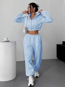 SHEIN EZwear 女士休闲纯色落肩宽松拉链短款连帽衫和运动裤套装 - 藍色 - 查看 3