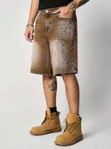 ROMWE MEN Street Life Summer Casual Graphic Men'S Loose Diamond Decorated Denim Shorts Jorts - Khaki - View 2