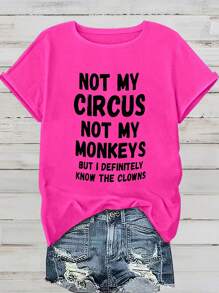 Calvaya Plus Size Women's Funny Slogan T-Shirt - "Not My Circus Not My Monkeys" Bold Letter Print, Vibrant Pink Crew Neck Short Sleeve, Stretchy Casual Tee For Casual Attire, Machine Washable, Clown Enthusiast Gear | Playful Design | Medium Elasticity, Ladies T Shirts - Hot Pink - View 1