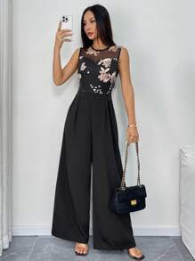 Chiquease Women's Floral Print Contrast Mesh Sleeveless Wide Leg Jumpsuit, Vacation Style - Black - View 4