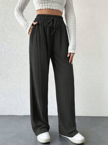 SHEIN Tall Tall Size Women Solid Color Casual Elastic Waist Drawstring H-Shape Wide Leg Design Pants - Dark Grey - View 3