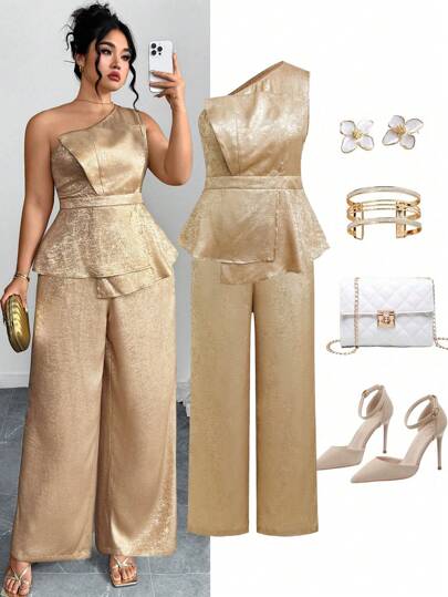 Ellevyn Plus Size Women 2 Pcs Set: Elegant Gold Foil Decor Sleeveless Crop Top And Wide Leg Pants,Mother's Day,Graduation Outfit,Butter Yellow,Wedding Guest