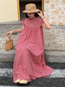 FRIFUL 女士格子长款 Polo 领连衣裙，褶裥大下摆，生日/节日/度假/沙滩衬衫裙 - 紅色 - 查看 7