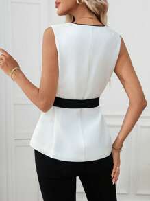EMERY ROSE Women's Contrast Trim V-Neck Tie Waist Sleeveless Blouse - White - View 2