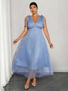Allurite Plus Size Women's Elegant Dignified Polka Dot Silver Foil Mesh Bowknot V-Neck Ruched Waist A-Line Mesh Dress, Prom - Blue - View 7