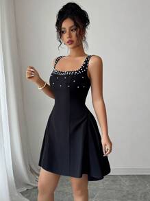 Elenzga 万圣节无袖方领系带水钻仿珍珠腰部 A 字优雅浪漫女士短款连衣裙 - 黑色 - 查看 4