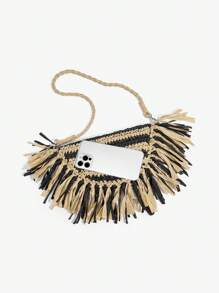 SHEIN SXY Ladies, Women Shoulder Bag, Hobo Bag, Clutchs, Straw Bag, Straw Woven Bag, Tassels, Two-Tone, Striped Design, Fashionable, Elegant, Simple, Personalized, Versatile, For Beach, Vacation, Holiday, Summer, Seaside - Multicolor - View 4