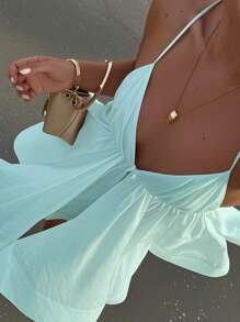 INAWLY 女士纯色荷叶边下摆无袖时尚连衣裙 - 薄荷綠 - 查看 3