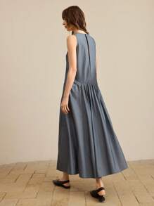 Ontre 女士长款海军蓝连衣裙，带口袋，褶皱西装面料，纯色无袖，时尚，适合春夏季，优雅淑女装，舒适休闲装，商务休闲办公装，低调复古风格，高品质都市通勤，高端机场时尚，优质材料 - 深灰色 - 查看 3