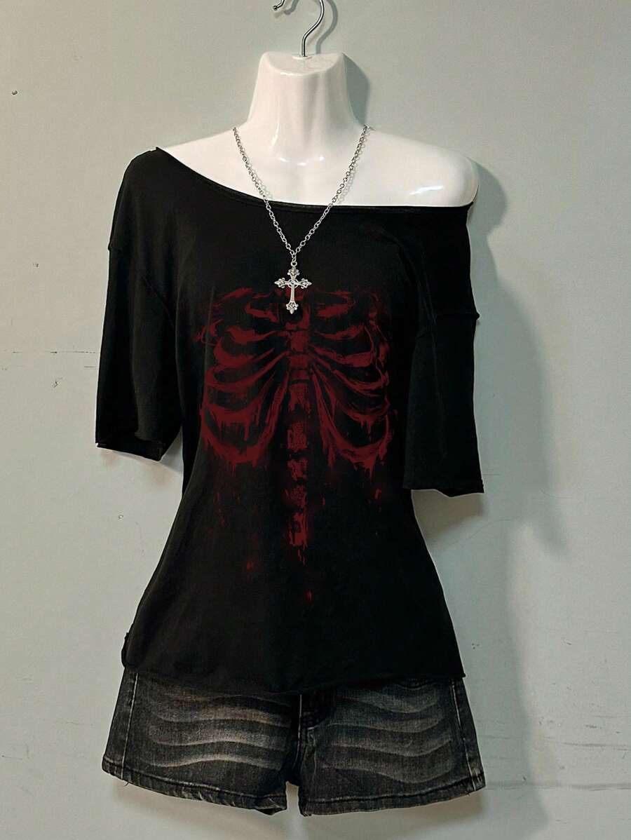 SHEIN EZwear 休闲简约骷髅图案复古朋克音乐节宽松女士T恤,适合夏季 - 黑色 - 查看 1