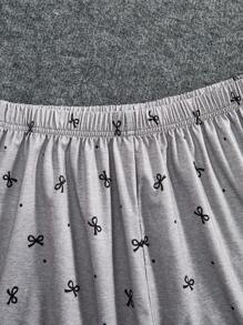 SHEIN 3 件套青少年女孩休闲蝴蝶结装饰波浪下摆圆领短袖 T 恤搭配短裤/长裤，夏季针织睡衣 - 灰色 - 查看 6