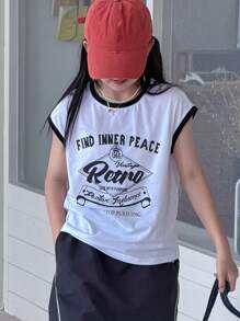 Dazy Kids ملابس علوية مطبوعة بياقة مستديرة للبنات المراهقات، صيفية، ملابس عودة إلى المدرسة - أبيض - مشاهدة 3