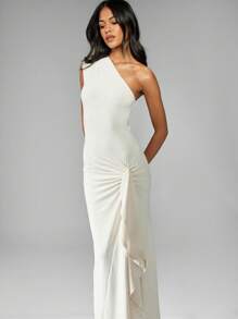 MISSGUIDED Váy Maxi Một Vai Jersey Ruched Side Formal Evening Dress Khách dự tiệc cưới Dịp đặc biệt Draped Side Split Cinched Eo Empire Gathering Party - Màu be - Xem 7