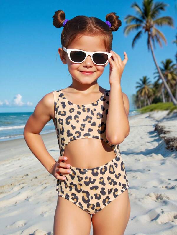 SHEIN Young Girl Leopard Print Hollow Out One-Piece Swimsuit