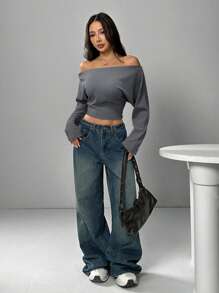 SHEIN EZwear 大码纯色简约露肩运动衫，日常穿着 - 灰色 - 查看 3