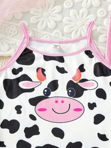 4pcs Tween GirlsCute Purple Theme Cow Print Cami Top And Shorts Snug Fit Homewear Set - Pink - View 3