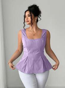 Elenzga Plus Size Women Square Collar Elegant French Style A-Line Waist Shirt Top