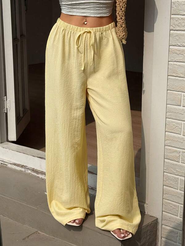 Sunnyshic Calça feminina casual de viagem com amarração e perna reta, amarela, versátil e justa, tecido trançado, primavera/verão