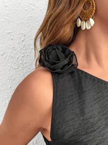 SHEIN Conjunto de 2 piezas de top corto sin mangas y pantalones con decoración floral 3D en unicolor de estilo vacacional para maternidad - Negro - Ver 4