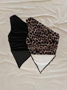 Soleia Set de 2 tops cortos con cuello asimétrico y bajo asimétrico con estampado de leopardo, adecuado para vacaciones/estilo de resort - Multicolor - Ver 2