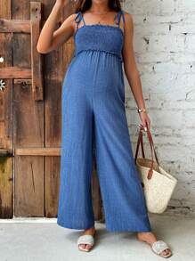 SHEIN Maternity Jumpsuit Casual Leisure Romper With Spaghetti Straps  Maternity Jumpsuit Blue  Straps - Blue - View 3