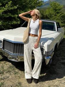 SHEIN EZwear Quần ống đứng rộng rãi họa tiết hoa lưng thun cho nữ - Màu be - Xem 3