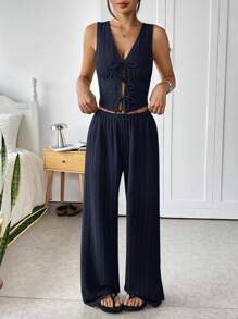 SHEIN EZwear Deep Blue Summer Vacation Knitted Texture Camisole & Pants Set - Navy Blue - View 6