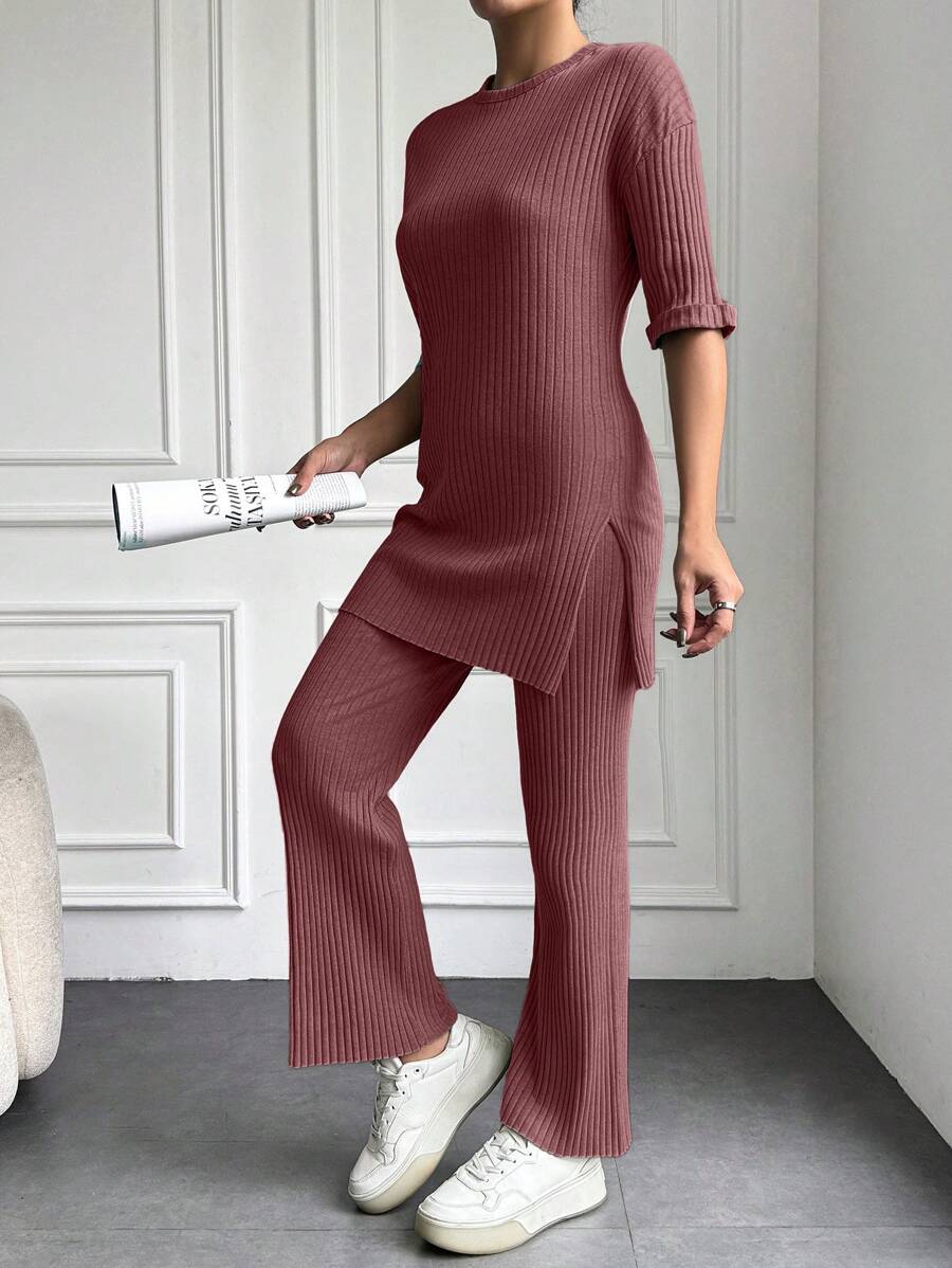 EURMUSE 100%Cotton Drop Shoulder Tee & Pants - Dusty Pink - View 1