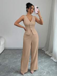 Elenzga 女士优雅无袖西装背心和西装裤套装，商务通勤风格，夏季 - 卡其色 - 查看 5