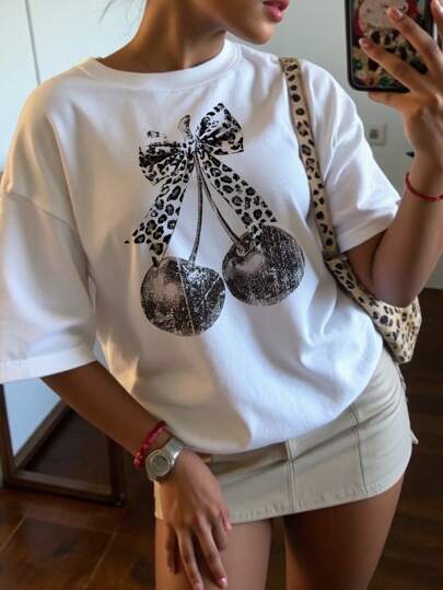 SHEIN EZwear Oversized Casual Leopard Print & Cherry Graphic Round Neck Short Sleeve T-Shirt, Loose Fit For Women, Suitable For Music Festivals, Vacations, And Urban Gatherings Christmas