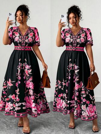 Elenzga Plus Size Women's Thailand, Maldives Vacation Beach Resort Bohemian Style Printed V-Neck Cap Sleeve Dress, Waist Cinching, Spring/Summer