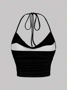 SHEIN EZwear 休闲简约系带露背紧身百搭短款上衣，适合夏季，花卉印花，适合度假、音乐节、春假、椰子女孩、女孩之旅、音乐节，适合外出