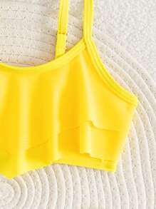 Girls Random Combination Of Minimalist Black Swimsuit Top And Refreshing Coconut Tree Print Pattern Bikini Bottom, 2 Pieces Swimsuit Set - Yellow - View 4