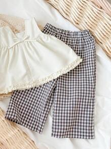 SHEIN Babygirl Summer Cute & Elegant Versatile Beige Sleeveless Loose Top & Plaid Wide-Leg Pants Set - Apricot - View 6