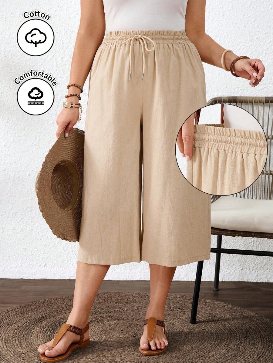 SHEIN VCAY Pantalones capri casuales de algodón lavado con cordón en la cintura para mujer de talla grande, adecuados para fiesta en la piscina de verano, estilo boho chic, para brunch, aeropuerto, vacaciones en la playa, vacaciones en la ciudad, vacaciones de verano en Europa, luna de miel, estilo occidental para mujer de talla grande - Albaricoque - Ver 1