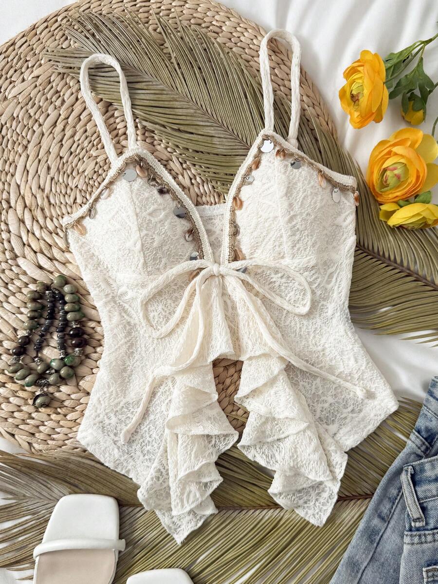 Selianne Women Sequin Trim Lace Asymmetric Hem Fashion Camisole - Apricot - View 1