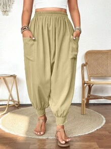 Calvaya Pantalones casuales sueltos de talla grande para mujer, de unicolor, con cintura elástica, bolsillos y cordón, hasta el tobillo - Caqui - Ver 3