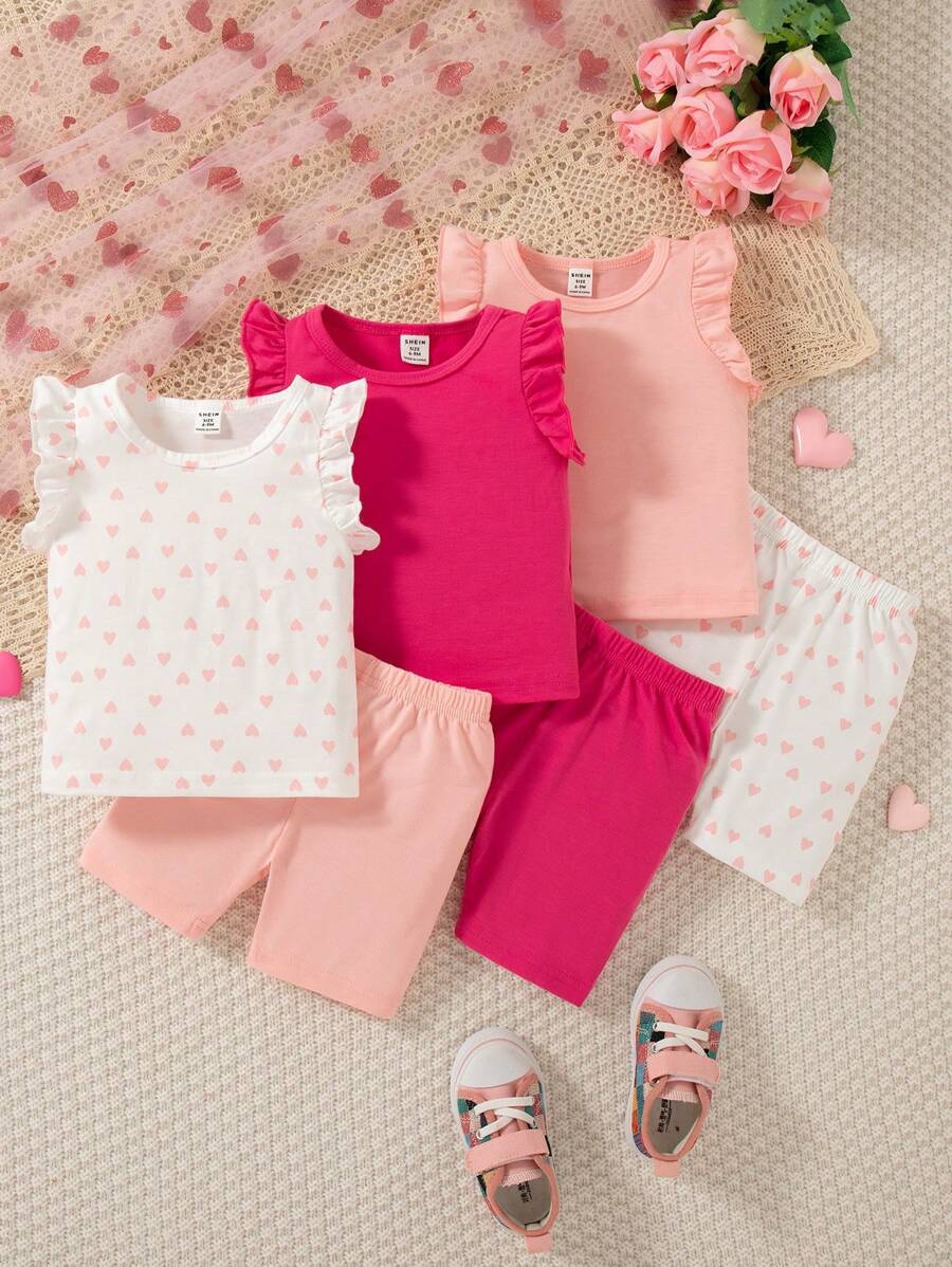 SHEIN 女婴心形印花圆领盖袖 T 恤和短裤两件套，舒适休闲套装，夏季 - 彩色 - 查看 1