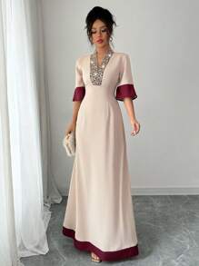 SHEIN PETITE V-Neck Contrast Color Block Sequin Embellished Cinched Waist Long Dress, Elegant And Chic French Style For Summer