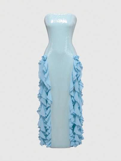 Fairycore Women Elegant Sequin Patchwork Ruffle Hem Dress