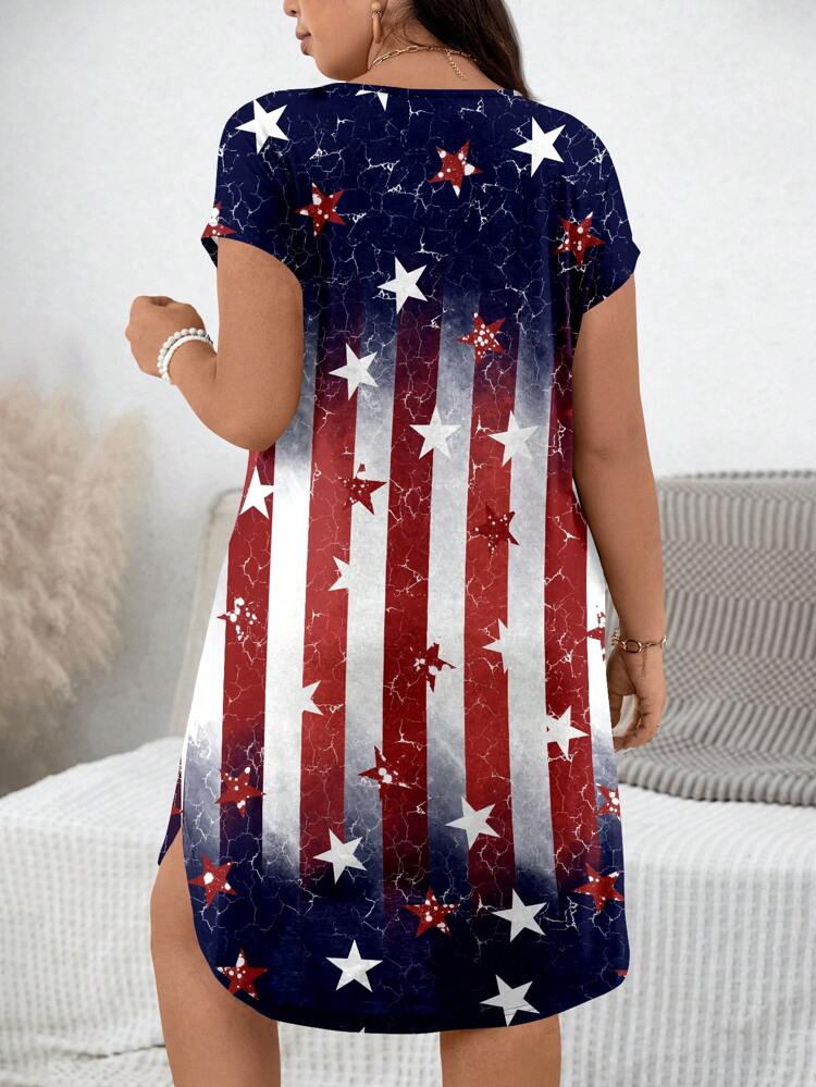 Casual Loose Fit Plus Size Women's US Flag Printed Short Sleeve Dress Vacation Outfit For Women Summer Outfits For Women,Spring