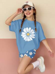 SHEIN Leap Crew Conjunto de 2 piezas de niña preadolescente con camiseta de manga corta informal y sencilla y pantalones cortos, apropiado para el verano - Multicolor - Ver 1